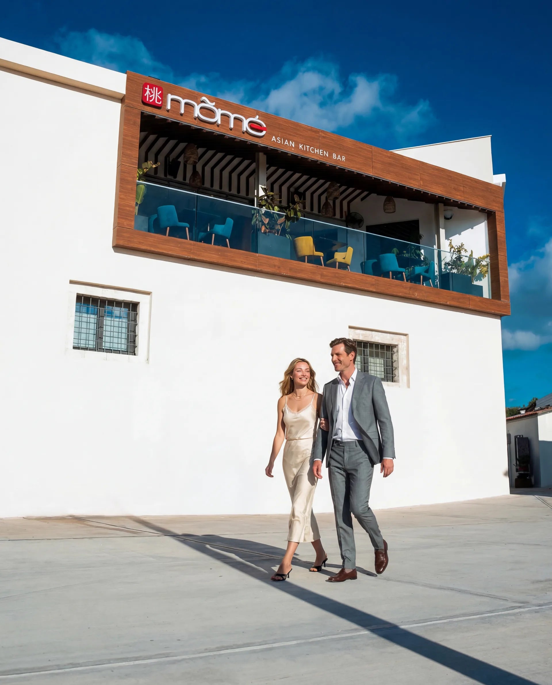 Man and woman walking in front of Momo Asian Kitchen Bar in Paphos